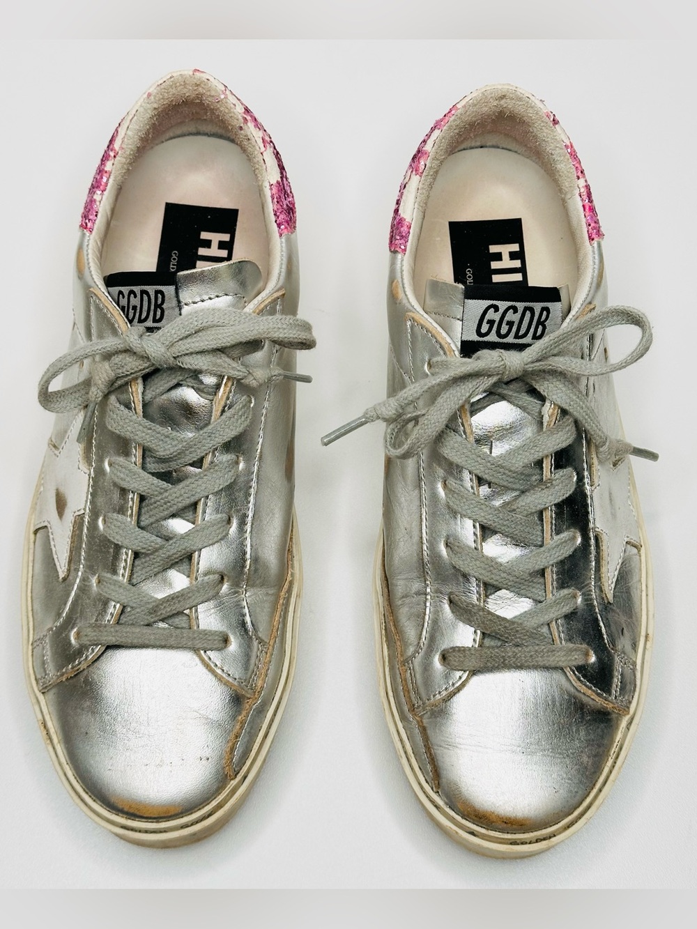 Golden Goose Hi Star Silver Leather Pink Glitter Heel Low Top Sneakers Shoes - Picture 12 of 14